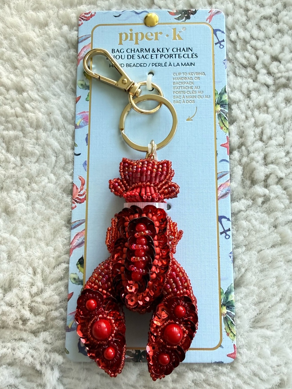 🦞 Piper Red Beaded Lobster Bag Charm & Key Chain